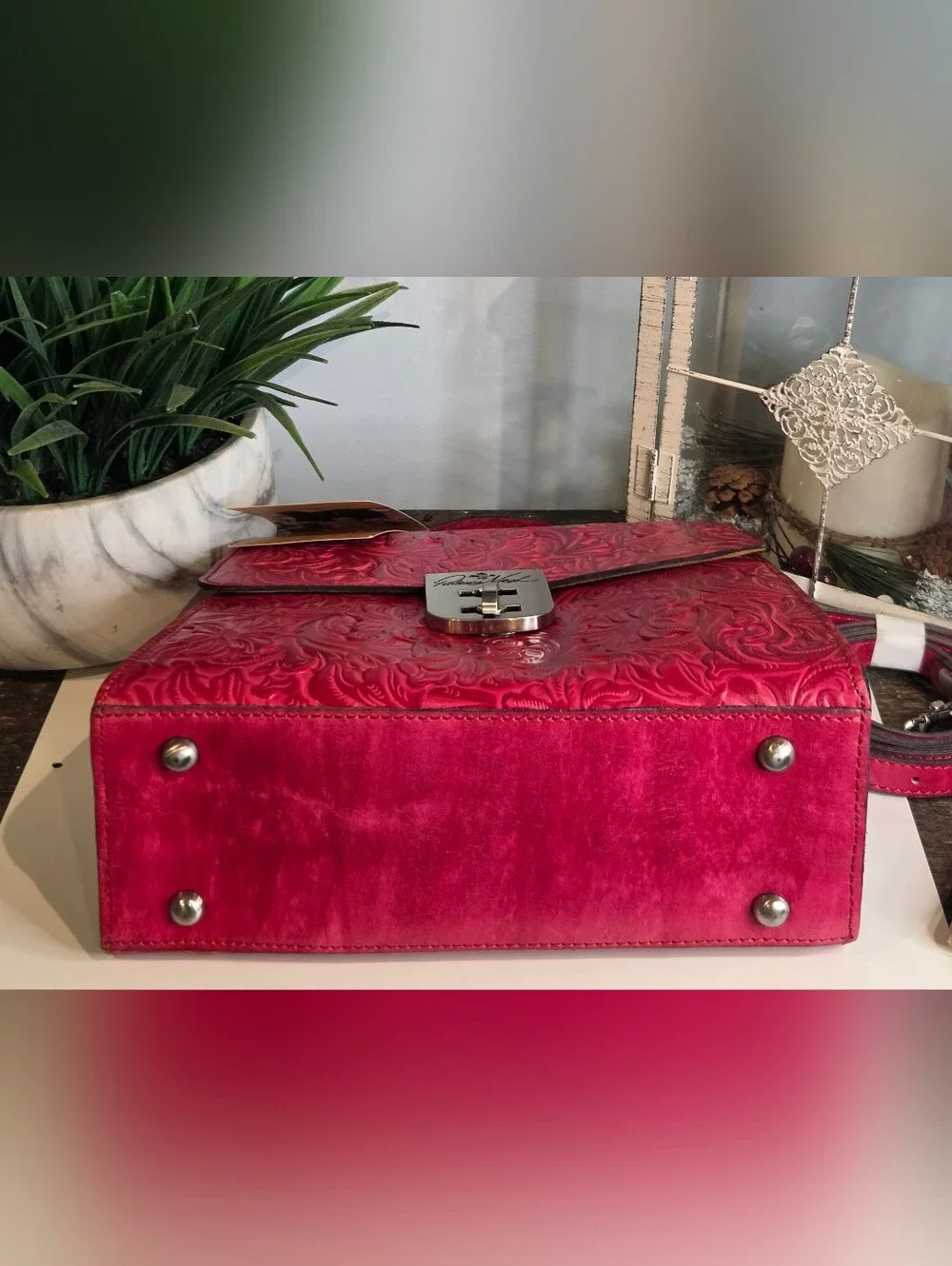 Patricia Nash Chauny Satchel in Magenta Tooled Leather